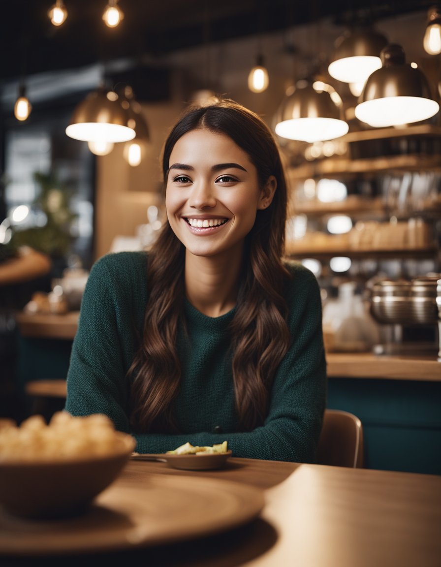 A young woman smiling while serving customers at a cozy cafe, creating a warm and friendly atmosphere